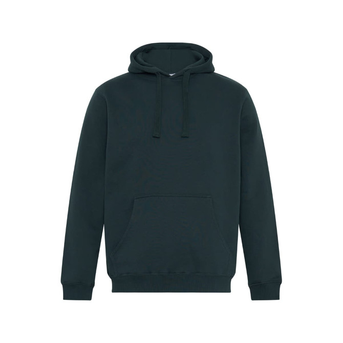 A dark green hoodie featuring a drawstring hood and a front pocket, with a logo on the front.