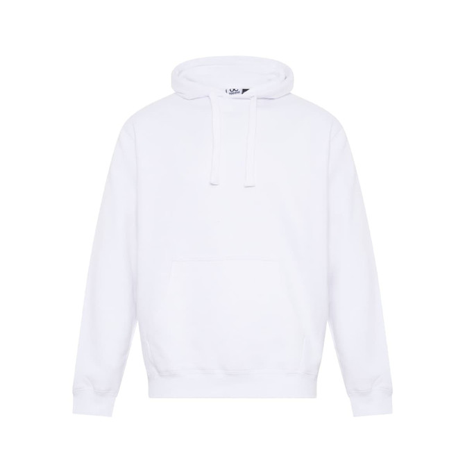 A white hoodie featuring a front pocket and adjustable drawstrings, with a logo on the label.