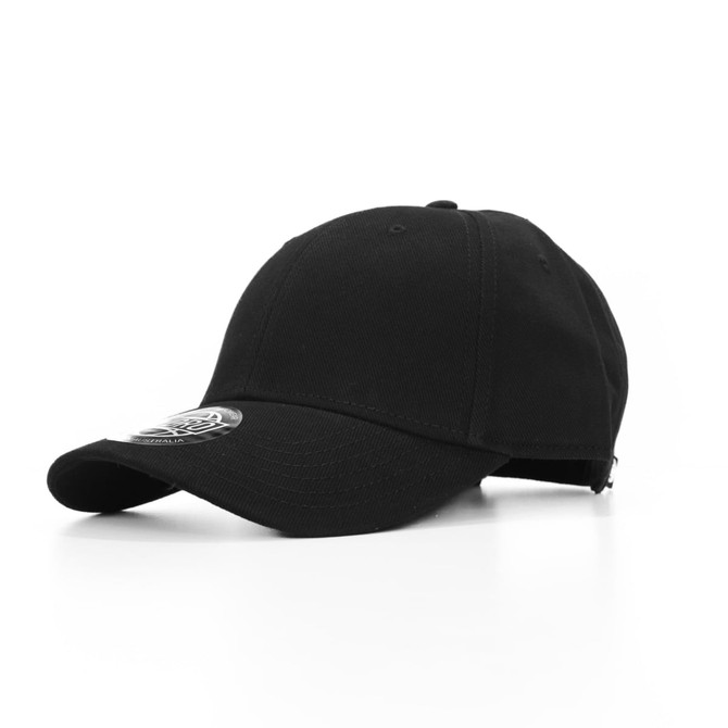 A black cap featuring a logo, displayed at an angle on a white background.