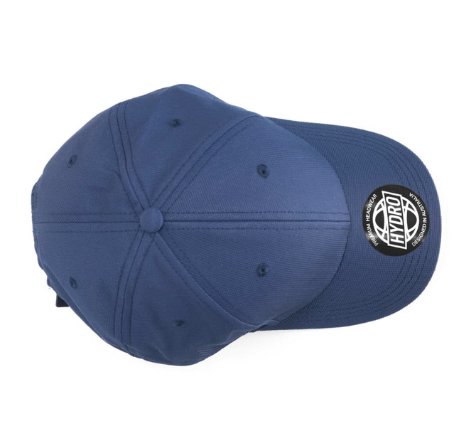 A navy cap with a rounded top and a branded logo on the side.