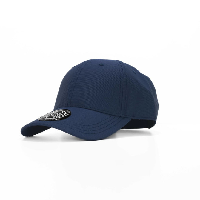 A navy blue cap with a curved brim and a branded logo on the side.