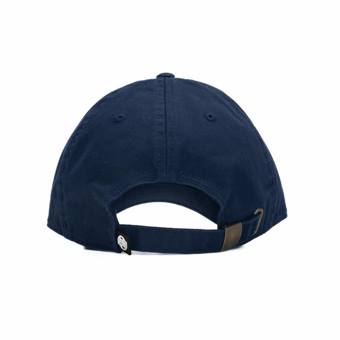 A navy blue cap featuring an adjustable strap at the back and a logo on the side.