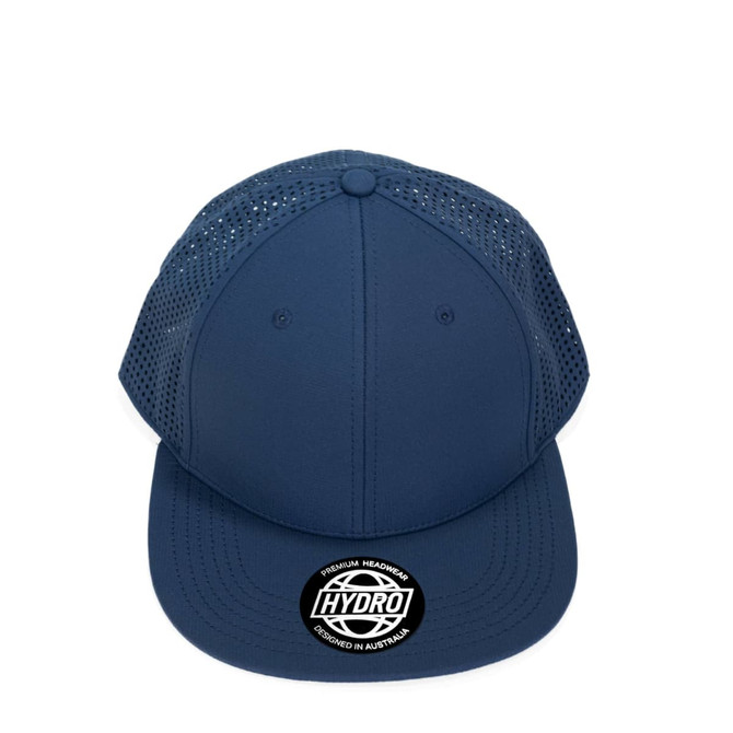 A navy blue cap with mesh panels and a logo on the front.