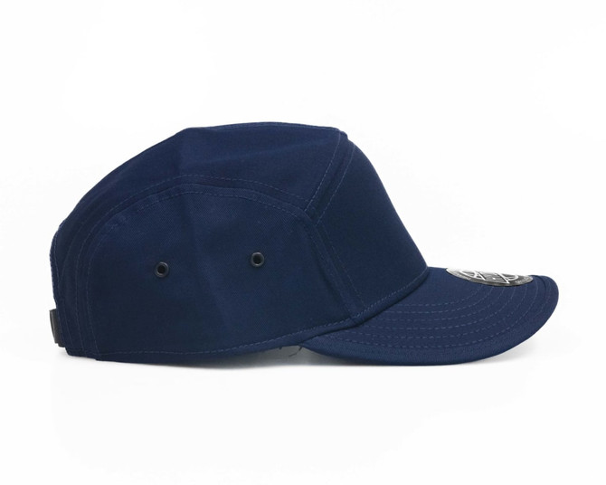 A navy cap featuring a distinctive shape and a logo. Suitable for various outdoor activities.