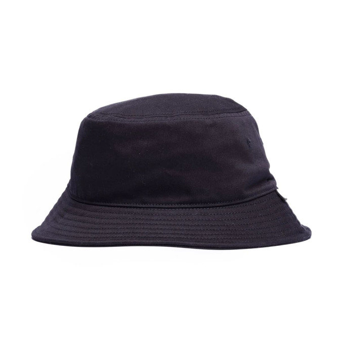A black bucket hat with a wide brim and a subtle logo. Ideal for outdoor wear.