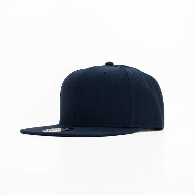 A navy cap with a flat brim and a logo on the front. The cap has a structured design.