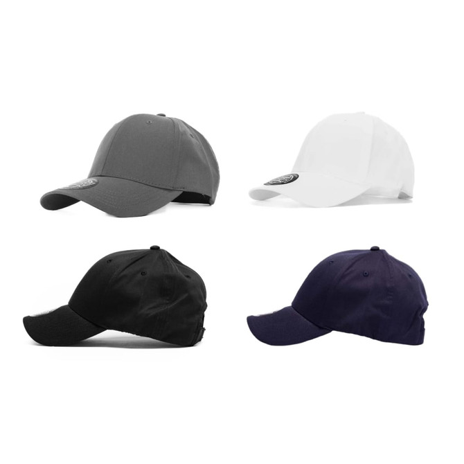 A collection of four caps in grey, white, black, and navy, featuring a logo on each.