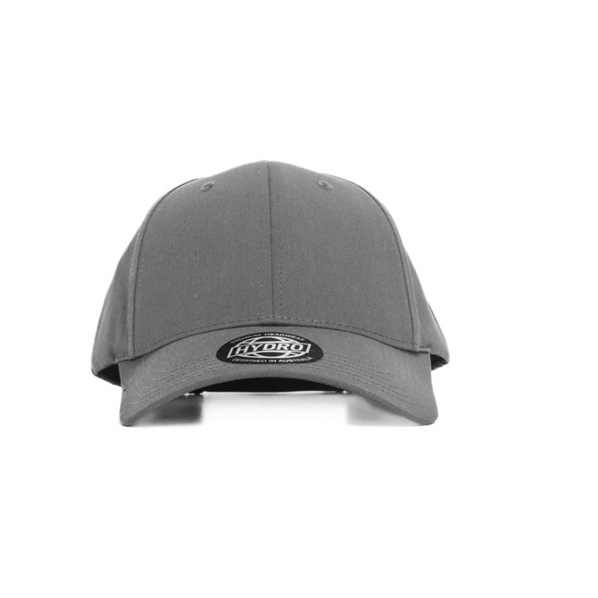 A grey cap with a curved brim and a logo on the front.