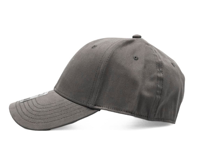 A grey cap with a curved brim and a logo on the front, featuring a structured design and adjustable strap.
