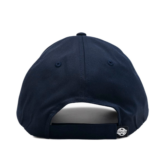 A navy cap featuring a back strap and logo on the side. The cap has a classic design and is unadorned.