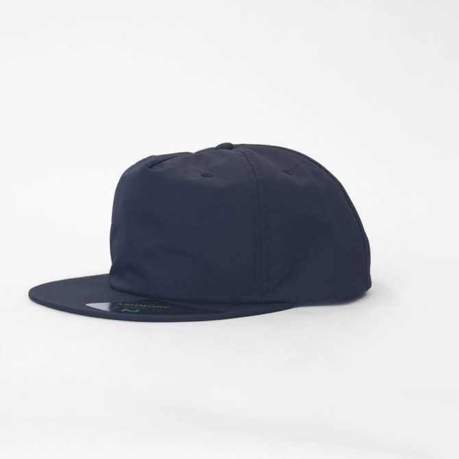 A navy cap with a flat brim and a logo on the side. The design is simple and stylish.