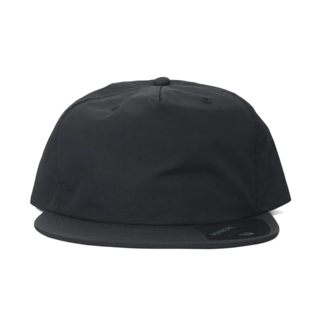 A black cap with a flat brim and a fabric button on top, featuring a branding logo.