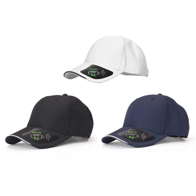 Three caps in black, white, and navy blue, featuring a logo on the front of each.