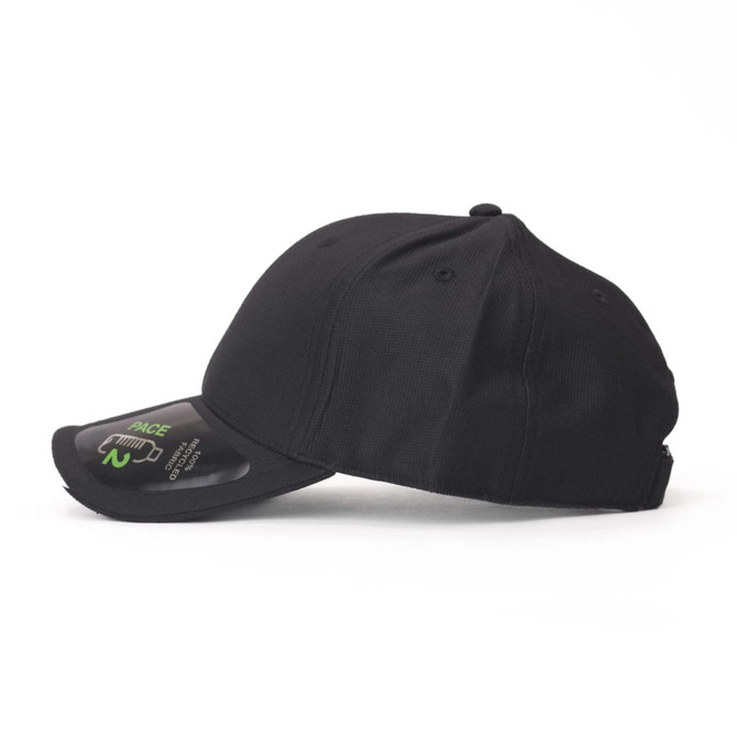 A black cap featuring a structured design and a branded logo on the visor.