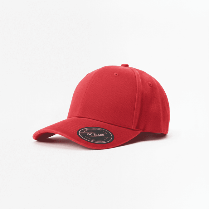 A red brushed cotton baseball cap featuring a six-panel design and a logo on the front.