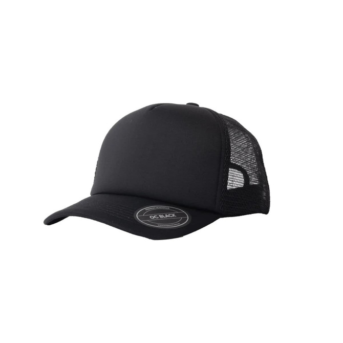 A black trucker cap featuring a solid front panel and mesh sides, designed for headwear.