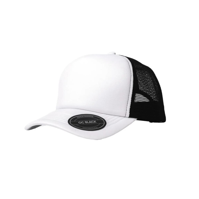 A trucker cap featuring a white front panel and black mesh back, with a logo on the brim.