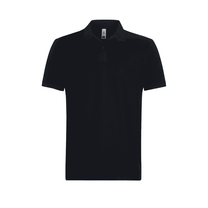 A black men's polo shirt with a collar and short sleeves, featuring a logo on the chest.