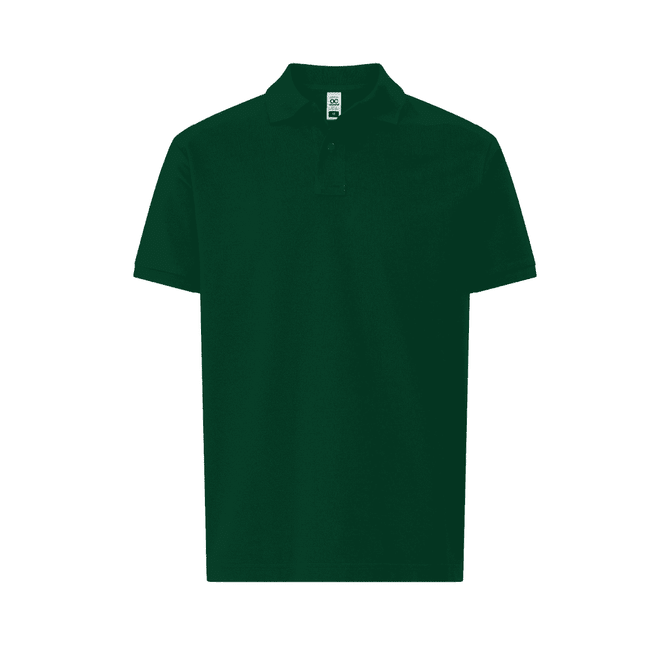 A dark green men's polo shirt with a classic collar and short sleeves, featuring a logo.