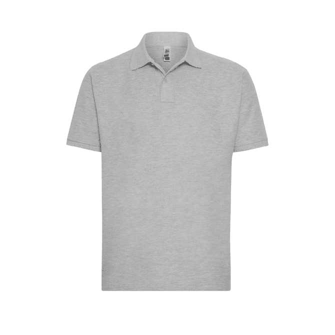 A grey men's polo shirt with a collar, featuring a logo on the chest area.