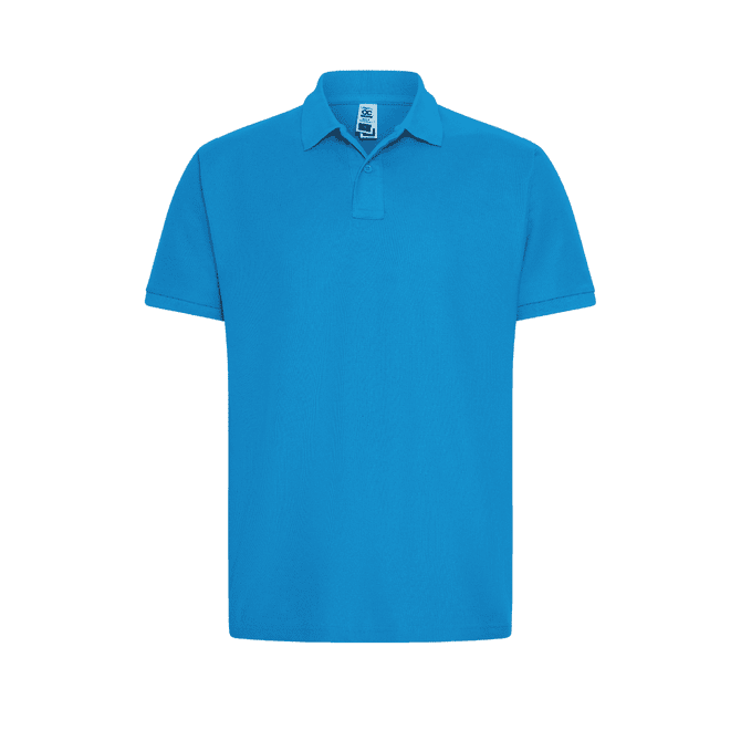 A blue polo shirt with a classic collar and short sleeves, featuring a logo on the chest.