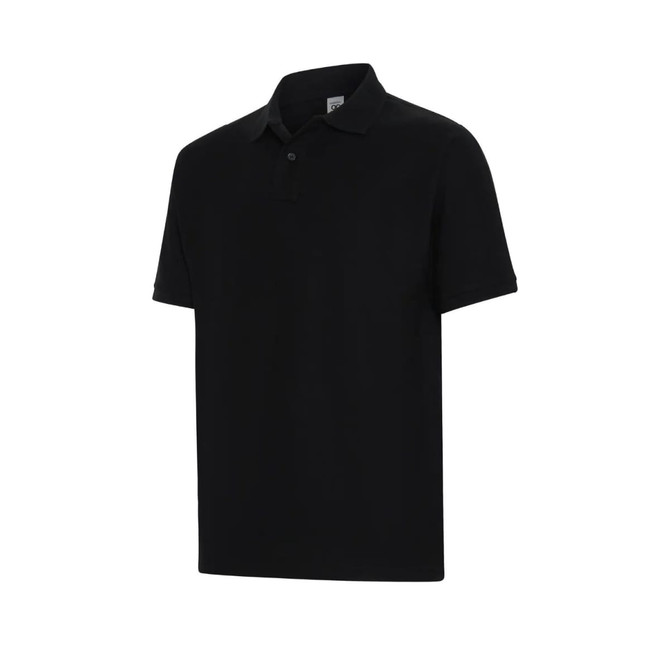 A black polo shirt with a classic design, featuring a collar and short sleeves. It has a logo on the chest.