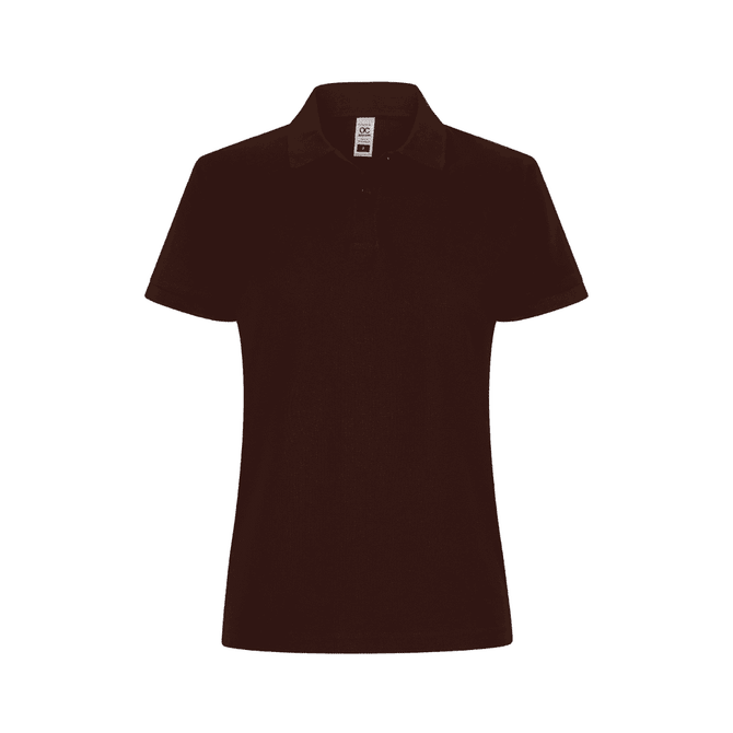 A women's polo shirt in a dark brown colour with a collar and three buttons. Displays a logo on the label.
