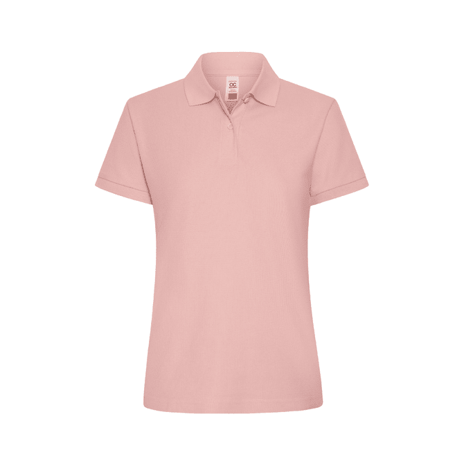 A women's polo shirt in a soft pink colour, featuring a collar and short sleeves. It has a logo on the front.