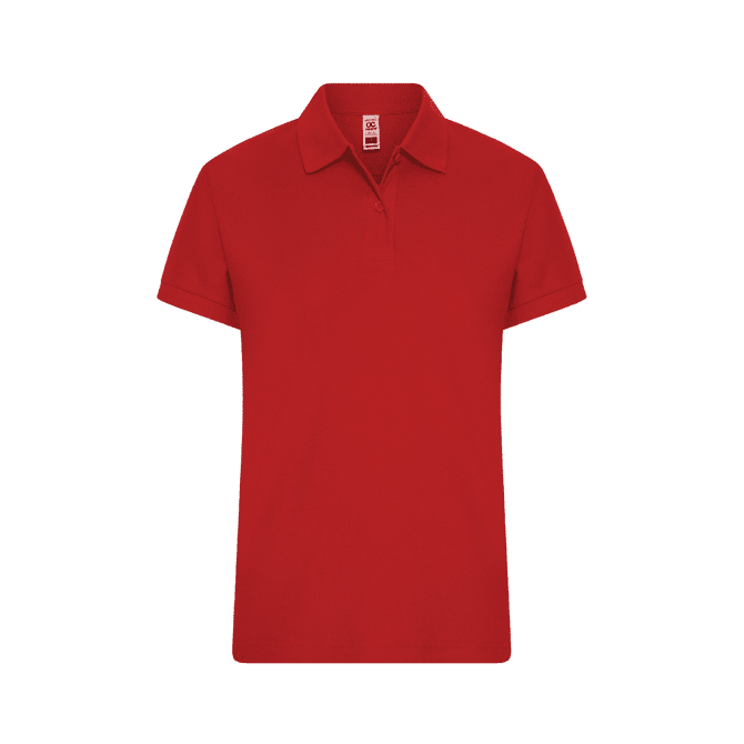 A red women's polo shirt featuring a classic collar and short sleeves, with a logo on the chest.