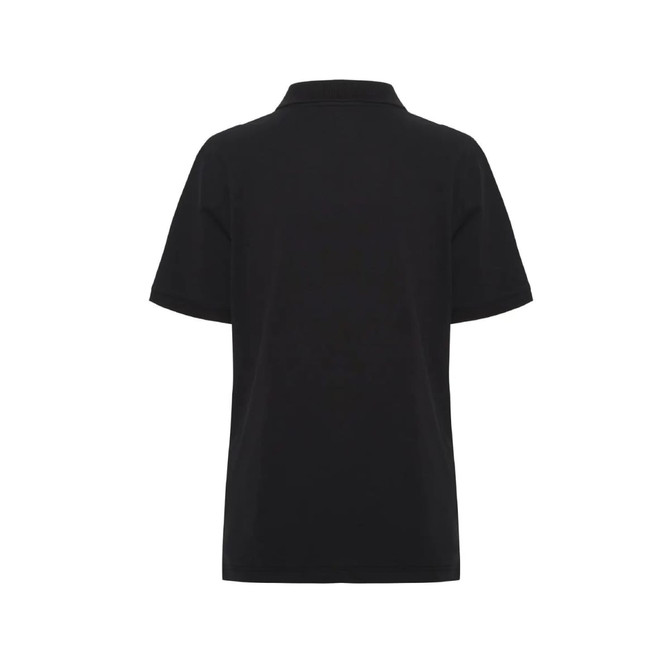 A black men's polo shirt featuring a collar and short sleeves, with a branding logo on the back.