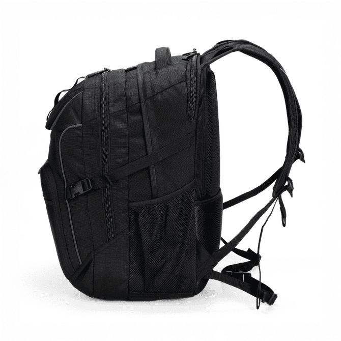 A black backpack featuring multiple compartments, zippers, and adjustable straps, with a side mesh pocket and a logo.
