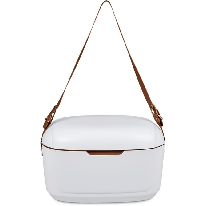 A white cooler box with a brown shoulder strap, featuring a sleek, modern design and a logo.