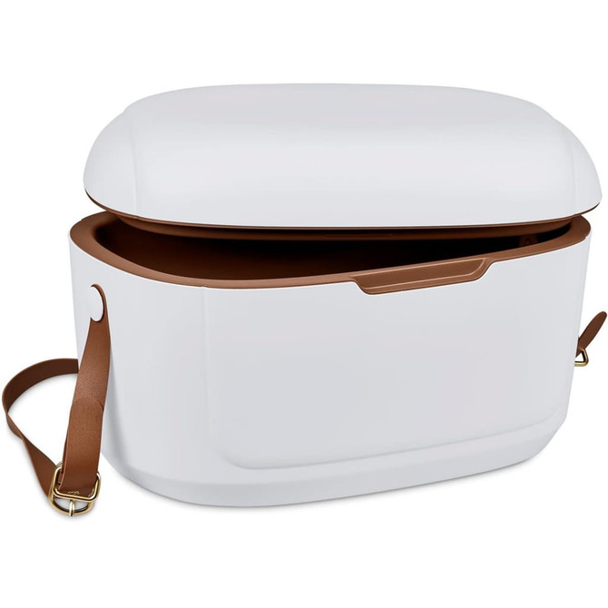 A white cooler box with a brown interior and strap, featuring a sleek design and an open lid.