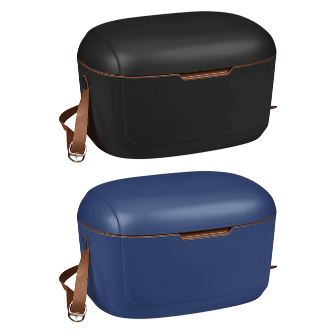 A cooler bag featuring a sleek black and blue design, with a brown strap and a logo.