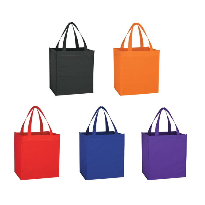 A set of five tote bags in black, orange, red, blue, and purple, each with two handles and a simple design.