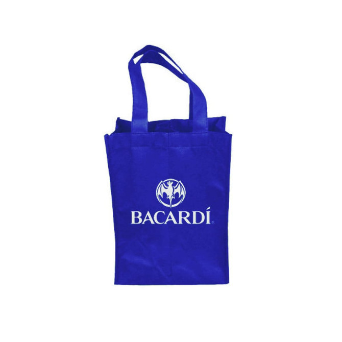 A drink bottle bag in blue fabric with two handles, featuring a logo on the front.