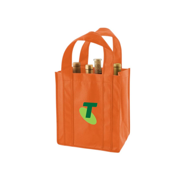An orange bag featuring a logo, holding six drink bottles securely.