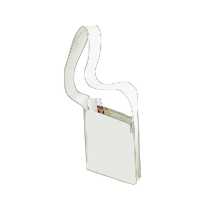 A light cream-coloured sling bag with a long strap and a front zip pocket. It has a simple design and features a logo.