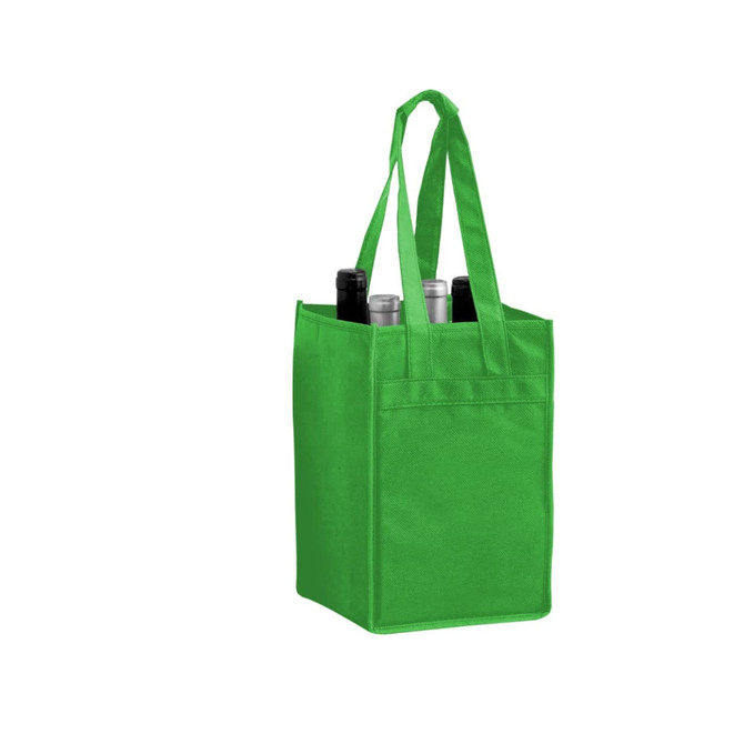 A green non-woven polypropylene tote bag designed to hold four bottles, featuring sturdy handles and a logo.