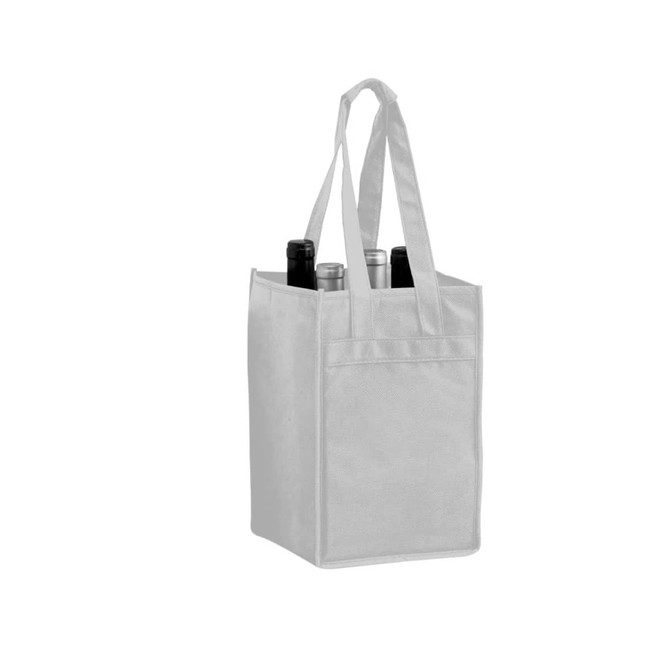 A white non-woven polypropylene tote bag designed to hold four bottles, featuring handles and a plain exterior.