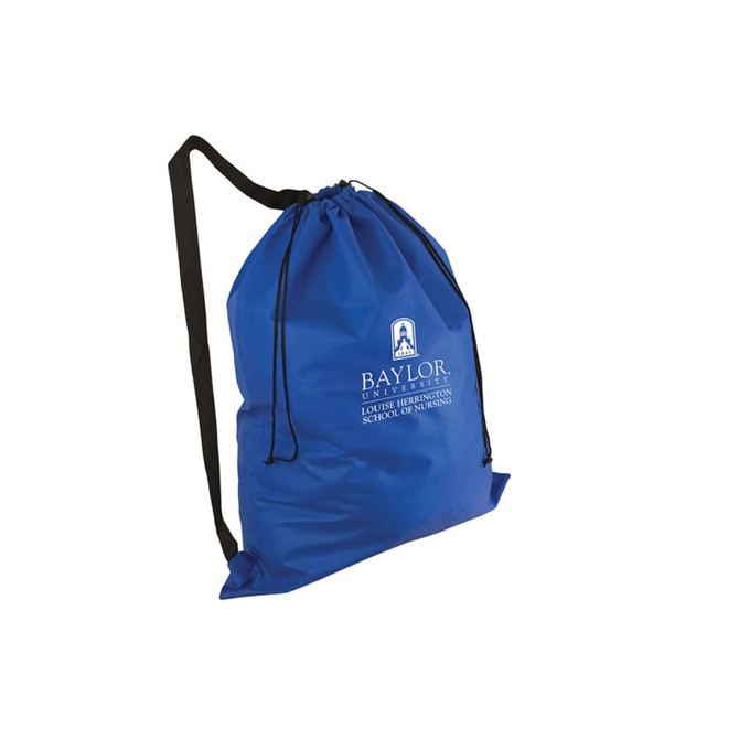 A blue non-woven laundry duffel bag with a shoulder strap and a logo.