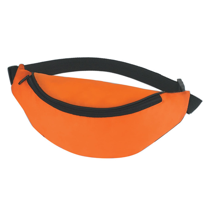 An orange bum bag with a black adjustable strap and a zippered compartment. It features a logo.