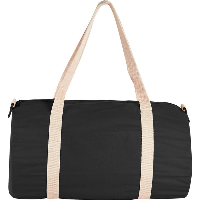 A black duffel bag with light-toned straps and a logo, featuring a sleek, minimalist design.