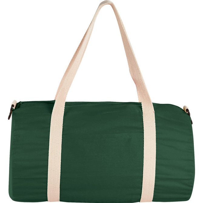 A dark green duffel bag with light beige straps and a simple design, featuring a logo.