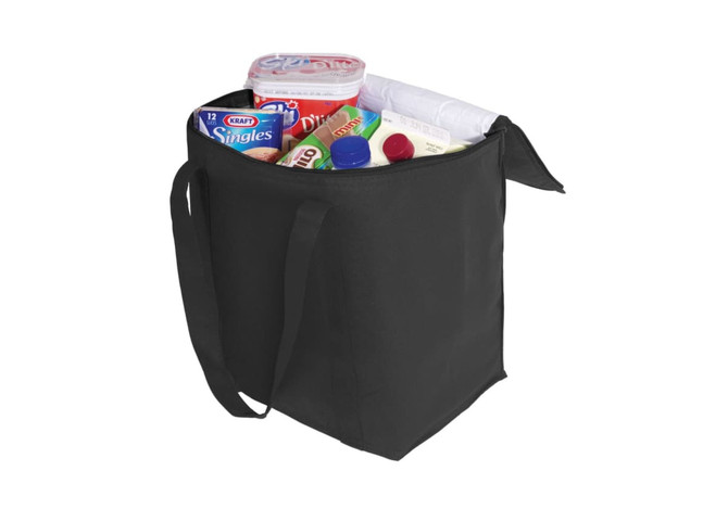 A black cooler bag filled with various food items and a drink bottle, featuring sturdy handles.