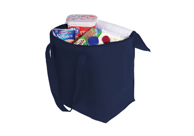 A navy cooler bag filled with drinks and assorted food items, featuring a branding logo on the exterior.