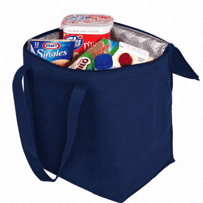 A navy blue cooler bag containing dairy products, a drink bottle, and packaged snacks. It has a silver insulated interior.