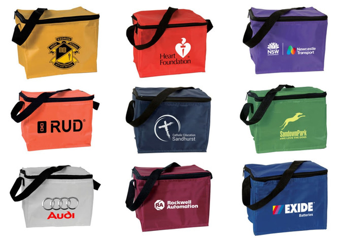 A variety of cooler bags in red, yellow, blue, and white, featuring different logos and a shoulder strap.