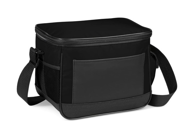 A black insulated cooler bag with a zippered top and adjustable shoulder strap, featuring a side pocket.