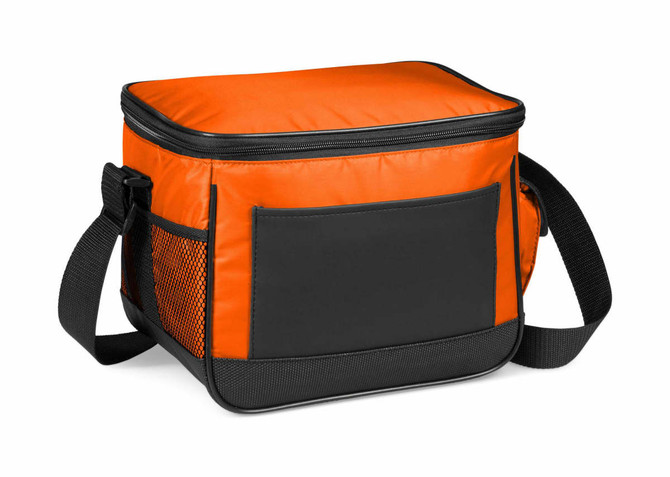 An orange and black can cooler bag with a zippered top and a mesh side pocket. It has an adjustable strap.